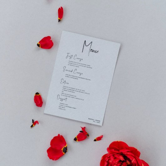 Invitation Linge gris Simple Noir Script Mariage Menu