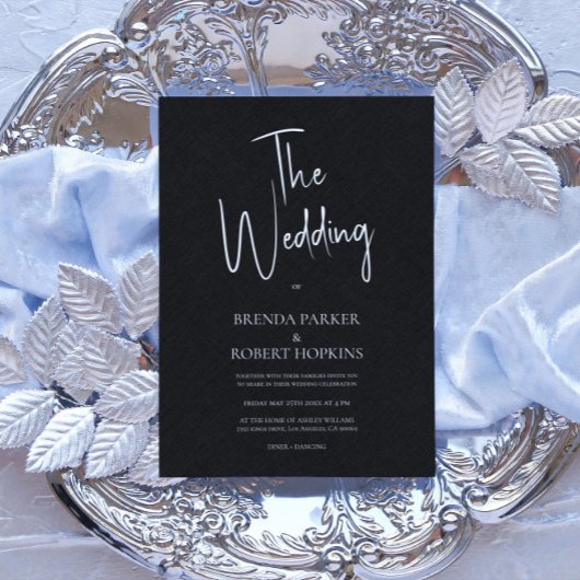 Invitation Linge noir Simple Blanc Script Mariage Invite