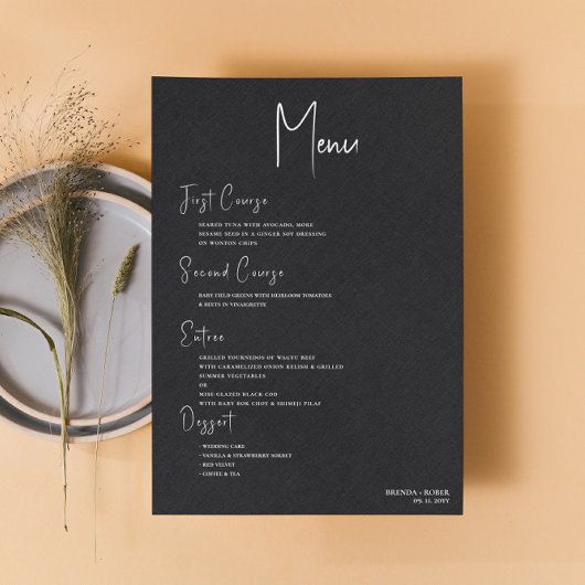 Invitation Linge noir Simple Blanc Script Mariage Menu