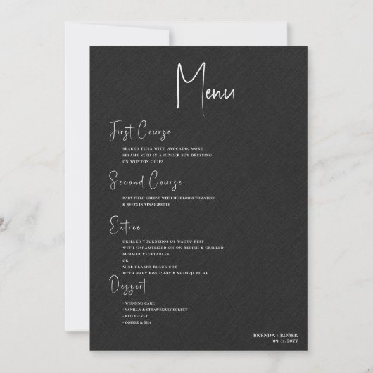 Invitation Linge noir Simple Blanc Script Mariage Menu (Devant)
