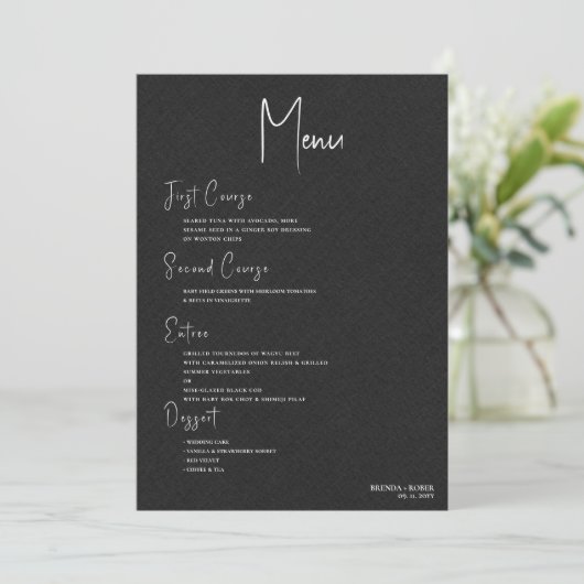 Invitation Linge noir Simple Blanc Script Mariage Menu (Debout devant)