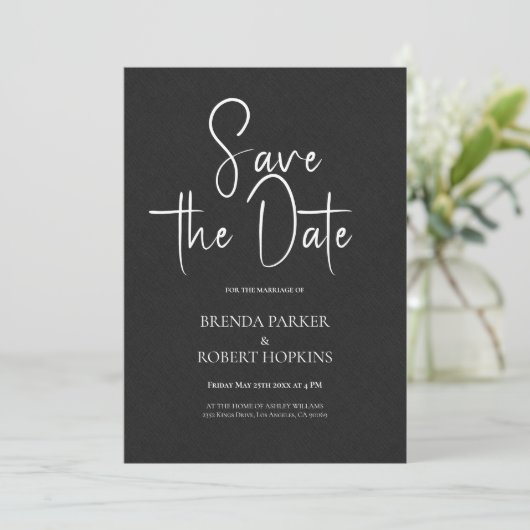 Invitation Linge Noir Simple Script Noir Enregistrer La Date (Debout devant)