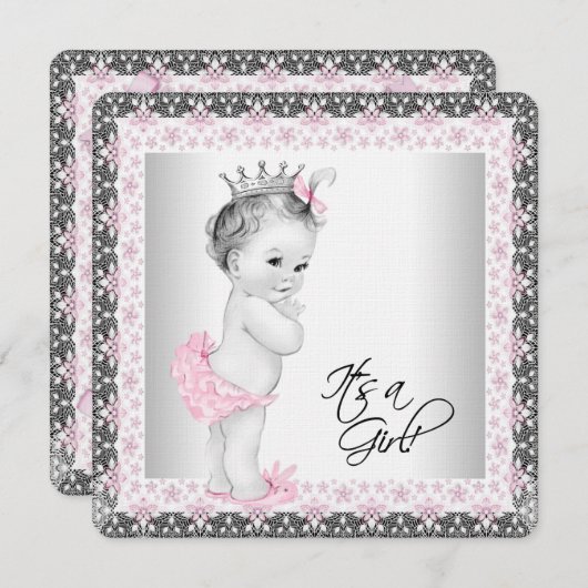 Invitation Linge rose et gris Bébé Fille Douche (Devant / Derrière)