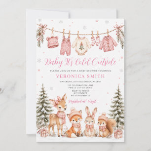 Invitation Linge rose pour bébé Shower Hiver Bois Neige