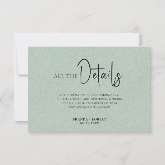 Invitation Linge vert Simple Noir Script Détails du Mariage (Devant)