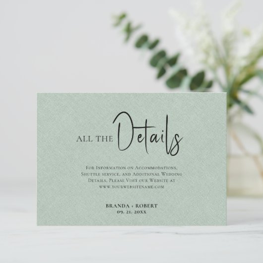Invitation Linge vert Simple Noir Script Détails du Mariage (Debout devant)
