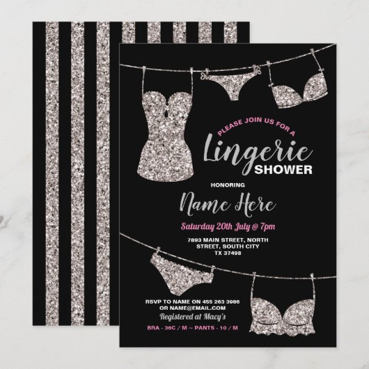Invitation Lingerie Douche mariée Parties scintillant argent  (Devant / Derrière)