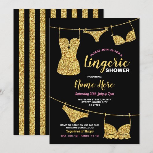 Invitation Lingerie Douche mariée Parties scintillant or rose (Devant / Derrière)