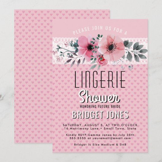 Invitation Lingerie Fête de l'mariée Coeurs floraux roses den (Devant / Derrière)