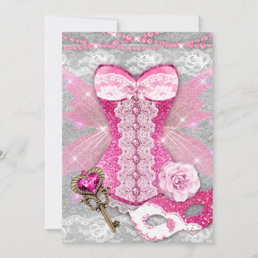 Invitation Lingerie Party PINK Clé Corset Masque Argent (Devant)