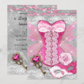Invitation Lingerie Party PINK Clé Corset Masque Argent (Devant / Derrière)