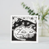 Invitation Linogravure de chat rêvant entre les étoiles (Debout devant)