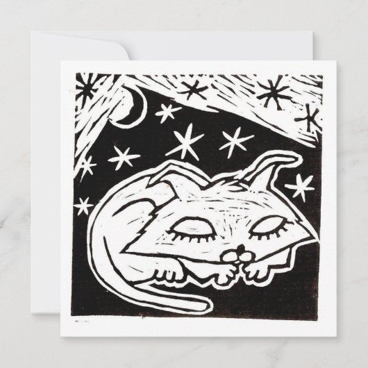 Invitation Linogravure de chat rêvant entre les étoiles (Devant)