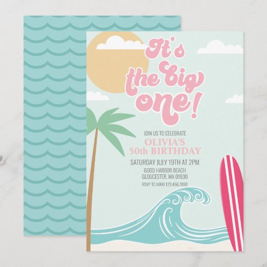Invitation L'invitation d'anniversaire The Big One Pink Beach (Devant / Derrière)