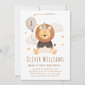 Invitation lion 1st birthday blue balloon
