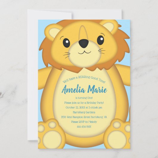 Invitation Lion Anniversaire Bleu (Devant)