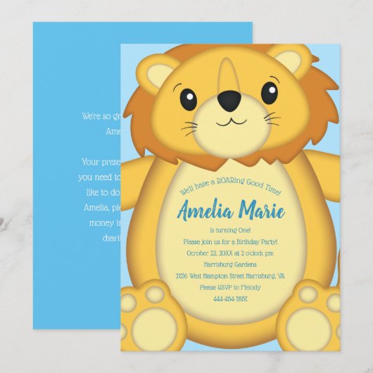 Invitation Lion Anniversaire Bleu (Devant / Derrière)