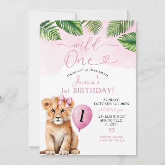 Invitation Lion avec Pink Bow Safari sauvage un anniversaire (Devant)