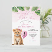 Invitation Lion avec Pink Bow Safari sauvage un anniversaire (Debout devant)