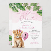 Invitation Lion avec Pink Bow Safari sauvage un anniversaire (Devant / Derrière)