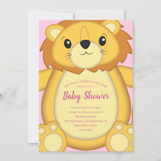 Invitation Lion Baby shower rose (Devant)