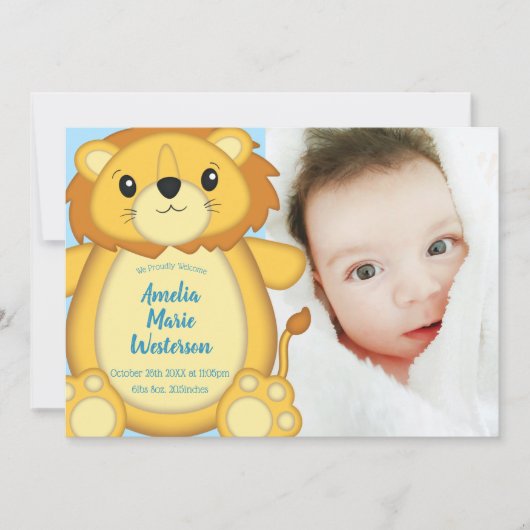 Invitation Lion Baby shower Zoo Circus Blue Boy (Devant)