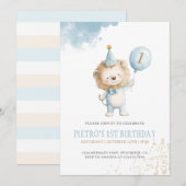 Invitation Lion Blue Balloon Boys 1ère fête d'anniversaire (Devant / Derrière)