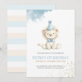 Invitation Lion Blue Boys Aquarelle Anniversaire (Devant / Derrière)