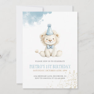 Invitation Lion Blue Boys Aquarelle Anniversaire