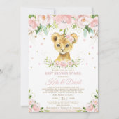 Invitation Lion Blush Floral Baby shower virtuel par courrier (Devant)