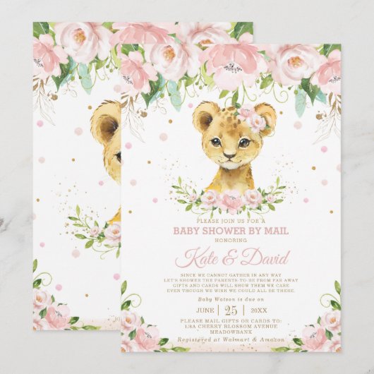 Invitation Lion Blush Floral Baby shower virtuel par courrier (Devant / Derrière)