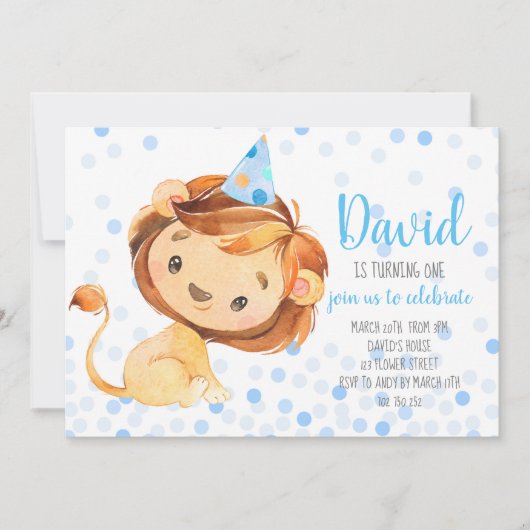 Invitation Lion Confetti Premier anniversaire Safari Jungle B (Devant)