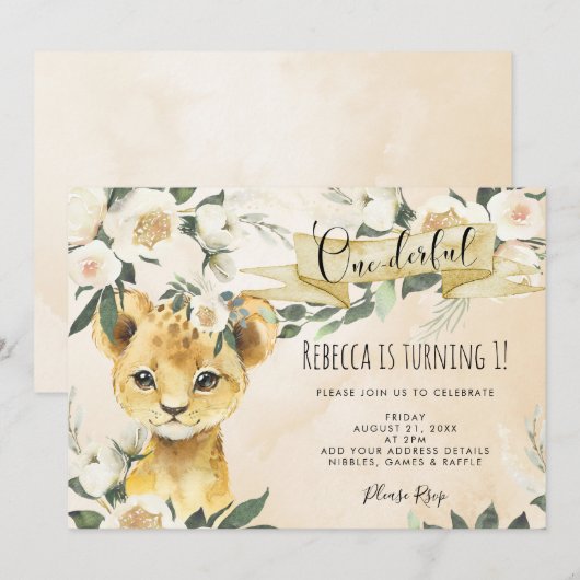 Invitation lion cub floral onderme 1er anniversaire invitatio (Devant / Derrière)