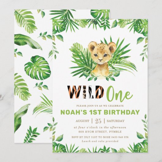 Invitation Lion Cub Jungle Safari Green Boy 1er Anniversaire (Devant / Derrière)