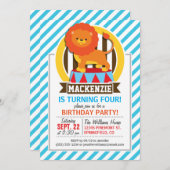 Invitation Lion de cirque Grand Haut Orange ; Bleu & Blancs (Devant / Derrière)