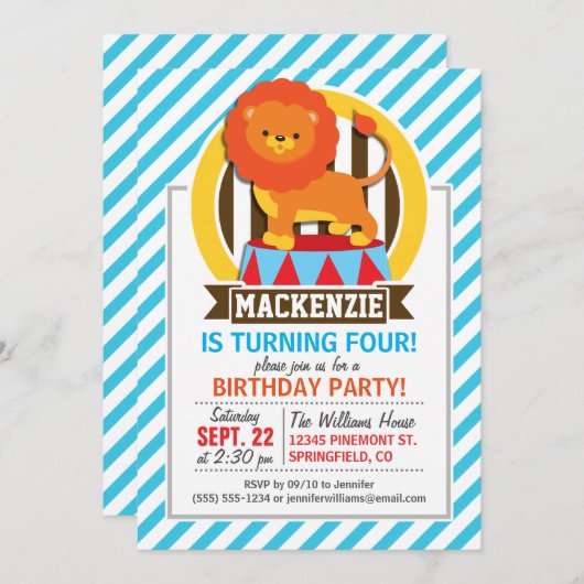 Invitation Lion de cirque Grand Haut Orange ; Bleu & Blancs (Devant / Derrière)