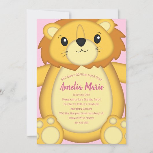 Invitation Lion fête d'anniversaire rose (Devant)