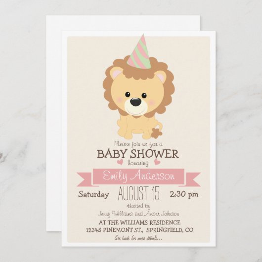 Invitation Lion fille mignonne, Zoo Jungle Baby shower animal (Devant / Derrière)