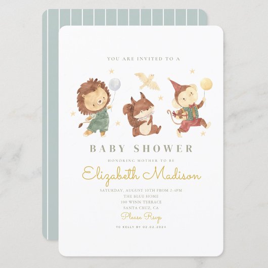 Invitation Lion mignon, écureuil et Baby shower singe