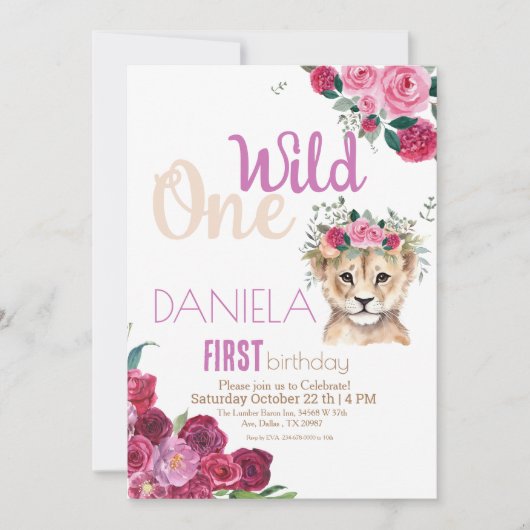 Invitation Lion petit Fleurs Fille parties scintillant 1er fê (Devant)