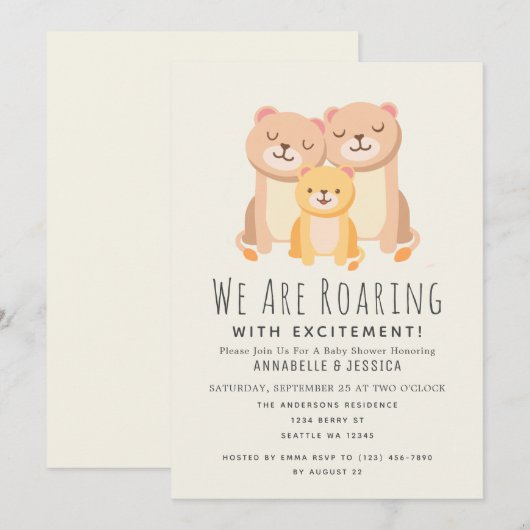 Invitation Lion Roaring Excitations 2 moms Baby shower (Devant / Derrière)