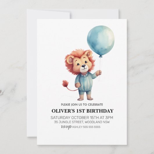 Invitation Lion Sage Blue Balloon Boys 1ère fête d'anniversai (Devant)