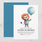 Invitation Lion Sage Blue Balloon Boys 1ère fête d'anniversai (Devant / Derrière)