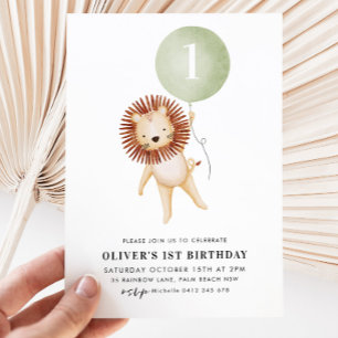 Invitation Lion Sage Green Balloon Garçons 1er Anniversaire 
