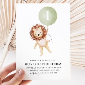 Invitation Lion Sage Green Balloon Garçons 1er Anniversaire
