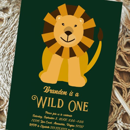 Invitation Lion Wild One premier anniversaire Or et vert