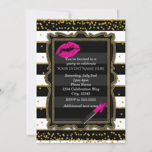 Invitation Lipstick Lips Gold Confetti & Stripes Glamor (Devant)