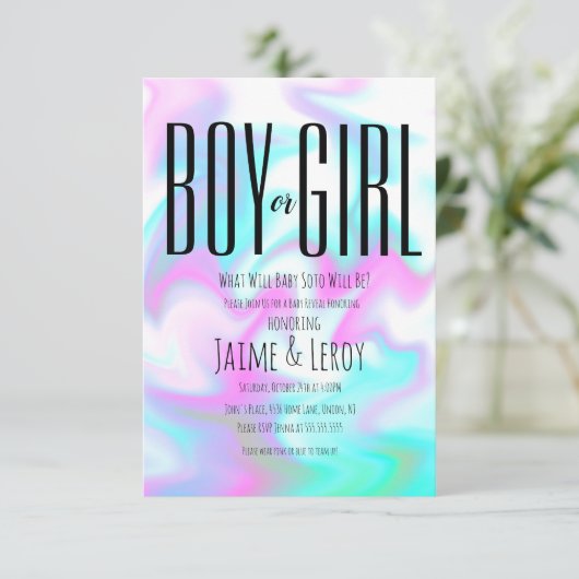 Invitation Liquid Iridescente Candy Genre Révéler Lui ou Elle (Debout devant)