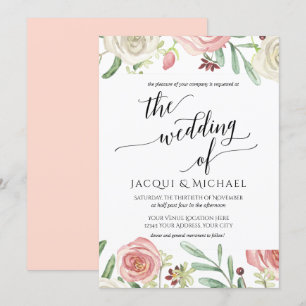 Invitation Liquide et Blush Floral Mariage Roses Feuilles de 