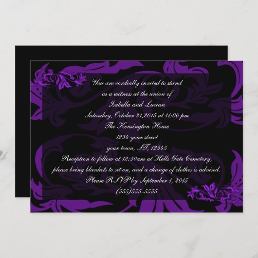 Invitation Liquide Purple Damask Goth Mariage (Devant / Derrière)